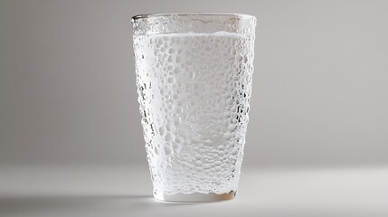 7. A clear drinking glass with condensation droplets visible on a smooth white surface