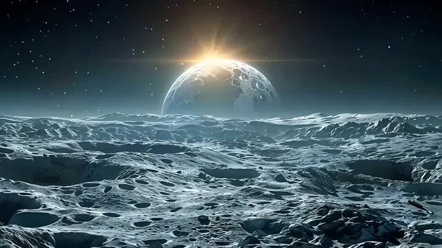 Space panorama of dark moon surface background.