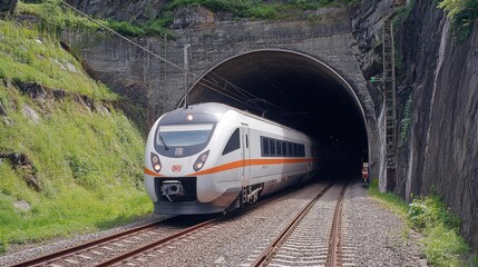 Naklejka premium A high-speed train emerging from a dark tunnel, with bright daylight ahead highlighting the contrast between the train and the shadowy tunnel entrance