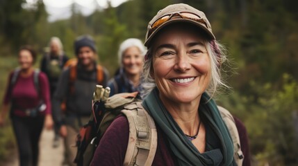 Happy senior woman on a hiking adventure with friends, smiling and looking at the camera while walking in nature. Smiling middle-aged lady wearing a cap and backpack enjoying an outdoor activity.