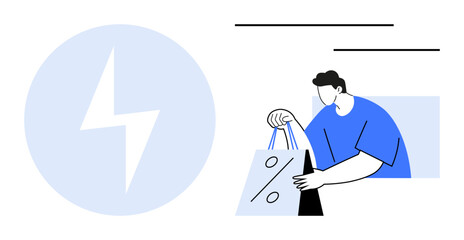 Man wearing blue shirt holding shopping bag with percentage symbols. Blue lightning bolt in circle. Ideal for retail, discount campaigns, online shopping, promotions, marketing, sales events
