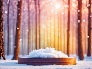 Wooden Round Platform with Snow in Winter Forest