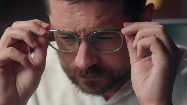 Caucasian worker male manager adult employer leader guy businessman agent man fixing eyeglasses in office health eyesight problem myopia business entrepreneur close up blurry vision laser correction