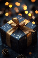 A small blue gift box tied with a shiny golden bow, perfect for presents or decorations