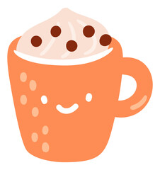A cartoon cup of coffee with whipped cream and chocolate chips on top