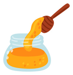 A jar of honey with a spoon sticking out of it