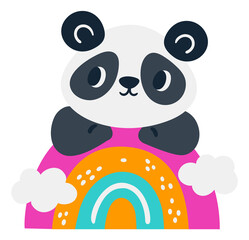 A cartoon panda is sitting on top of a rainbow