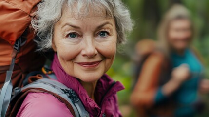 Happy senior woman on a hiking adventure with friends, smiling and looking at the camera while walking in nature. Smiling middle-aged lady wearing a cap and backpack enjoying an outdoor activity.