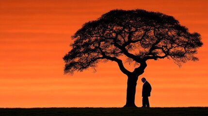 Solitude at Sunset: Silhouette of a man standing beneath a large tree against a vibrant orange sunset.  A poignant image evoking feelings of contemplation and quietude.