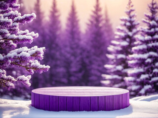 Purple Wooden Round Platform in Snowy Winter Forest.