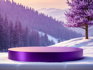 Purple Cylinder Product Display in Snowy Winter Landscape