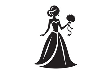 Romantic Silhouette of a Bride Holding a Bouquet Vector Design