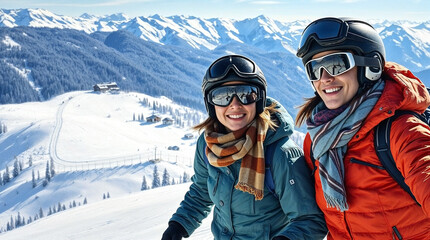 Young couple skiing on a mountain.