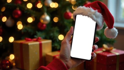 mockup, a smartphone with a white screen on a New Year's background