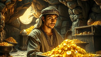 Aladdin in the cave, where there is a lot of gold, the fairy tale is the magic lamp of Aladdin. © ALENA