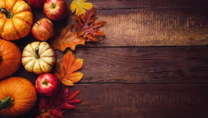 Thanksgiving Flat Lay with Autumn Pumpkins, Apples, Maple Leaves, and Rustic Wooden Background for Festive Greeting Cards, Copy Space Designs, Harvest Themes, or Holiday Marketing Materials