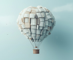 Hot air balloon made of open books floating above fluffy clouds during daylight