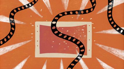 Naklejka premium A vibrant orange background features a twisting filmstrip that spirals around a rectangular shape in the center. Radiating white lines add a dynamic sense of movement and energy to the composition.AI 