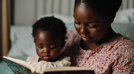 Black history month, Mother Reading to Baby Girl Bedtime Story Family Love