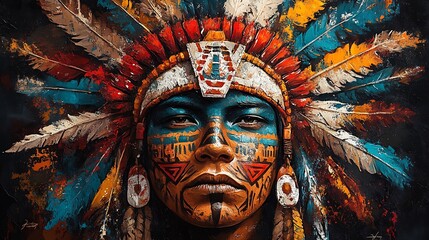 Native american chief wearing traditional headdress with colorful feathers
