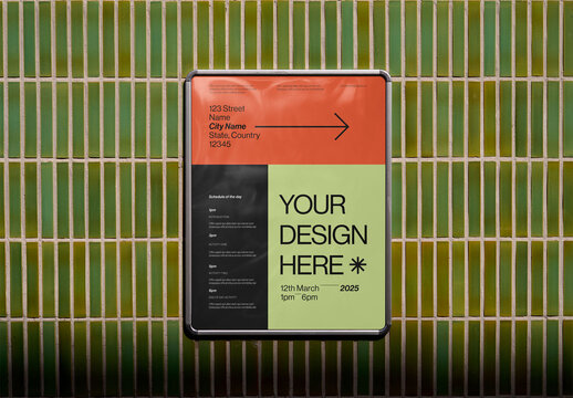 Mockup Of Vertical Customized Poster On Green Tiles