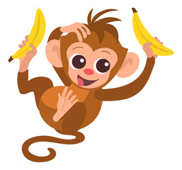 A cartoon monkey holding two bananas and smiling