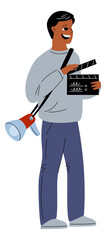 A man holding a camera and a clapperboard