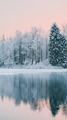 Fototapeta premium Serene Winter Landscape with Snow-Covered Trees Reflecting on Calm Water at Dawn in a Peaceful Natural Environment