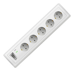 A white power strip with five outlets