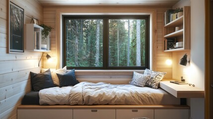 Cozy window seat with built-in bed, shelves, and desk in a wooden room.
