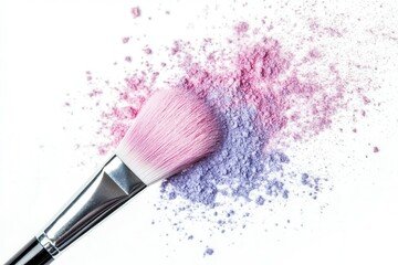 Delicate pastel powder pigments scatter softly from a puff brush, creating a beautiful fusion of colors against a pristine white backdrop. This light and airy display captures the essence of artistic 