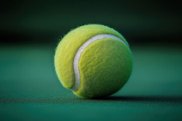 Yellow tennis ball on color background. Closeup view of tennis ball on green background. Generated AI
