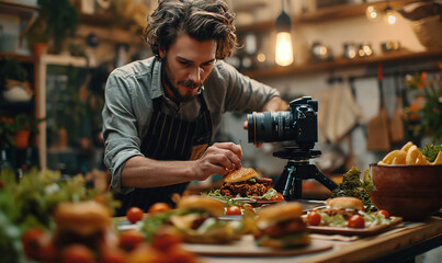 Food photographer. Food photographer taking pictures of different products in a studio. Business and profession. blogging, profession and people concept.