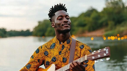 Black history month, Serene Man Playing Acoustic Guitar by Lake at Sunset