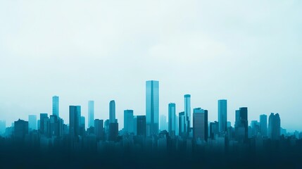 Fototapeta premium A foggy skyline showcasing modern buildings with a serene blue tone.
