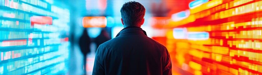 A person standing in a vibrant digital environment with colorful lights.