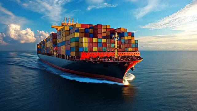 A large cargo ship navigates the open sea, representing global trade and logistics.