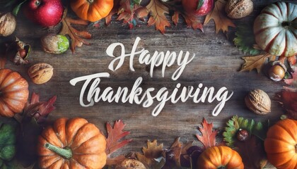 Festive Thanksgiving Day Background with Rustic Wooden Table, Autumn Pumpkins, Colorful Leaves, Walnuts, Pine Cones, and Warm Happy Thanksgiving Text for Holiday Greeting or Seasonal Concept