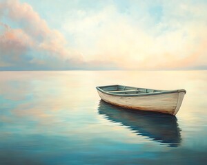 Fototapeta premium A tranquil boat floating serenely on calm waters at sunset, surrounded by soft, colorful clouds.
