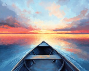 Fototapeta premium A tranquil sunset view from a wooden boat on calm waters reflecting vibrant colors.