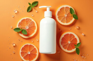 White empty cosmetic bottle liquid soap, lotion, shampoo or shower gel mockup. Bottle on orange background with orange circles, mint leaves and ice cubes around it. Natural beauty product concept
