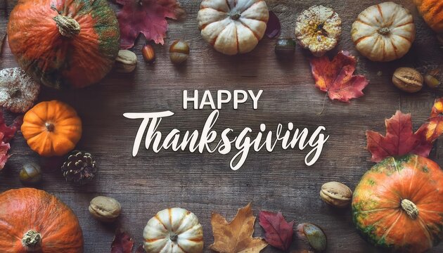 Festive Thanksgiving Day Background with Rustic Wooden Table, Autumn Pumpkins, Colorful Leaves, Walnuts, Pine Cones, and Warm Happy Thanksgiving Text for Holiday Greeting or Seasonal Concept