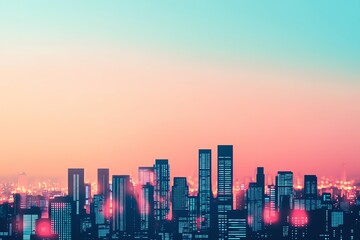 Fototapeta premium A vibrant skyline at dusk with colorful lights illuminating modern buildings.