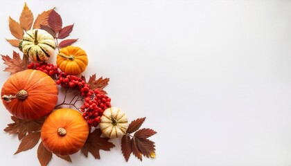 Obraz premium Autumn Thanksgiving Flat Lay with Pumpkins, Colorful Leaves, Red Berries, and Copy Space. Perfect for Festive Fall Designs, Holiday Cards, Blog Headers, Seasonal Marketing or Invitations