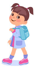 A young girl is walking with a backpack on her back