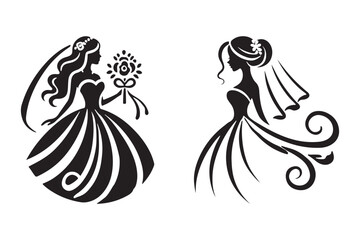 Stunning Bride Silhouette with Veil and Gown Vector Illustration