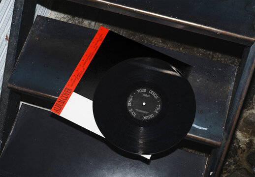 Mockup Of Customized Album Cover And Label On Stairs, Flash