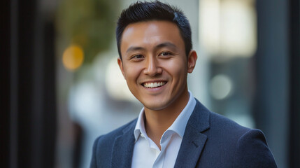 Fototapeta premium A young Asian man in a tailored suit stands outdoors, displaying a bright smile and exuding confidence, perfectly capturing a moment of professionalism and charm.