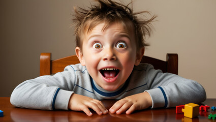 surprised kid sitting at table. child's eyes widened and mouth opened in amazement, Generative AI