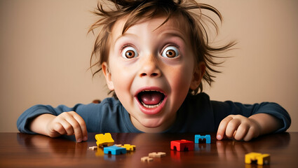 surprised kid sitting at table. child's eyes widened and mouth opened in amazement, Generative AI